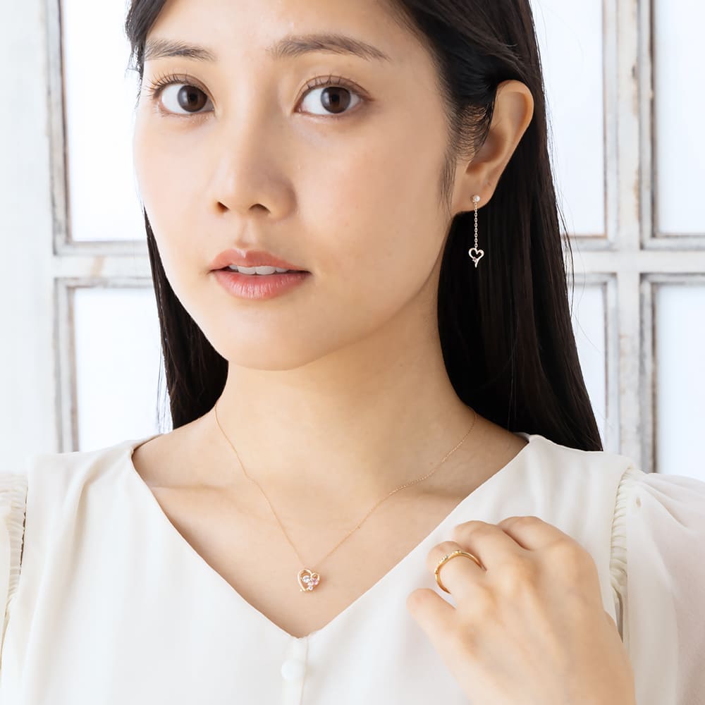 10金ピンクゴールド 天然石ダブルハートネックレス
