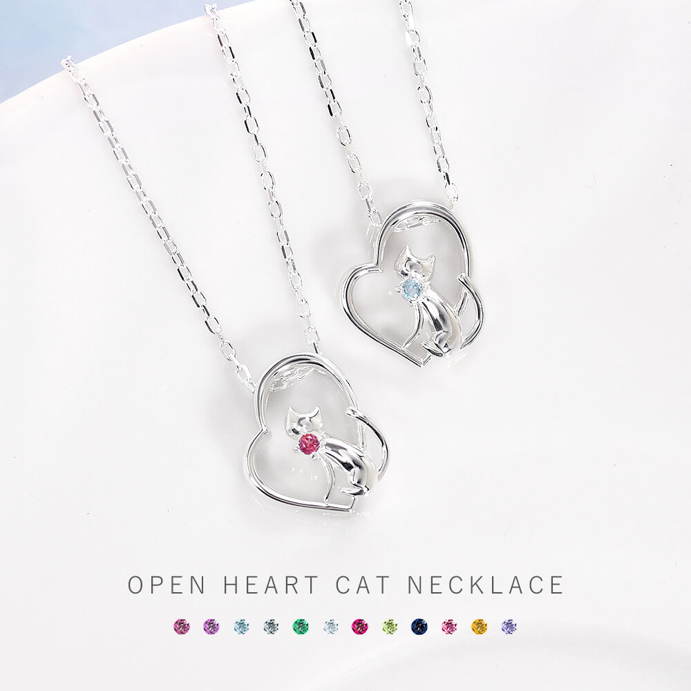 オープンハート猫ネックレス