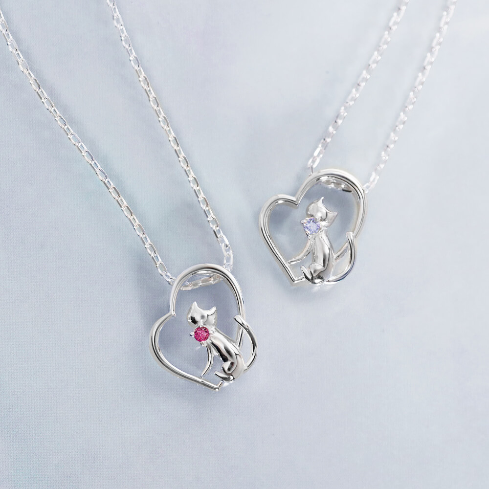 オープンハート猫ネックレス